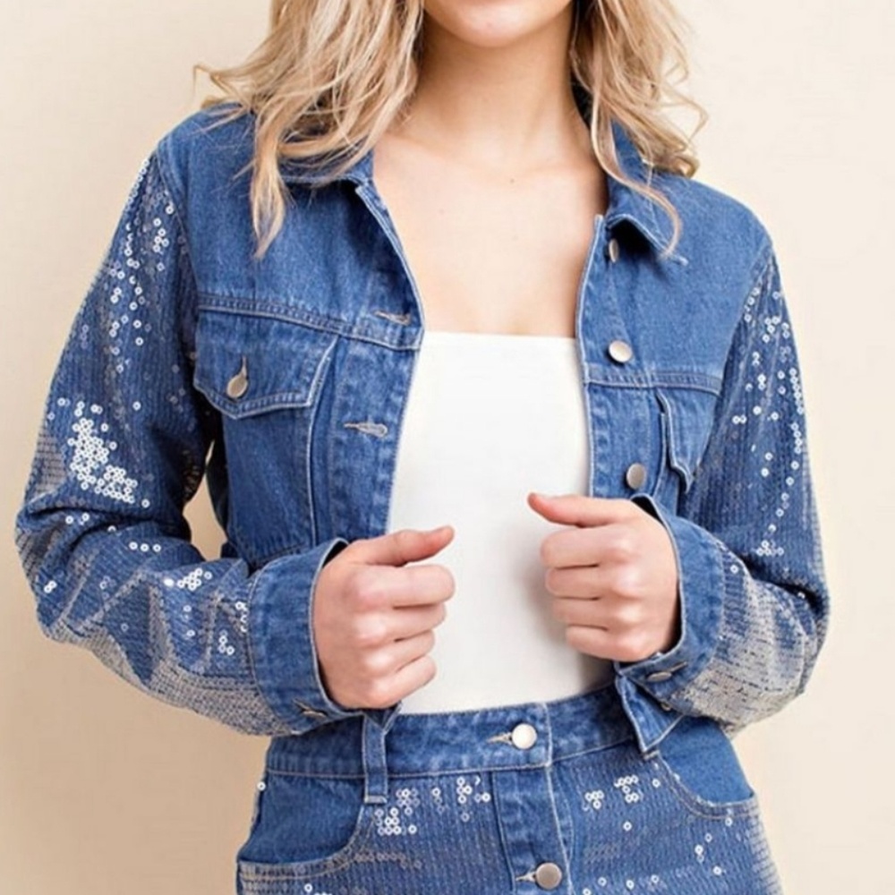 Honey Punch Sequin Sleeve Crop Denim Jacket